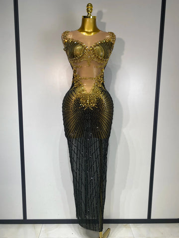 Women Sexy Sparkly Rhinestones Sleeveless Long Dress Club Birthday Celebrate Evening Photo Shoot Stage Performance Costume