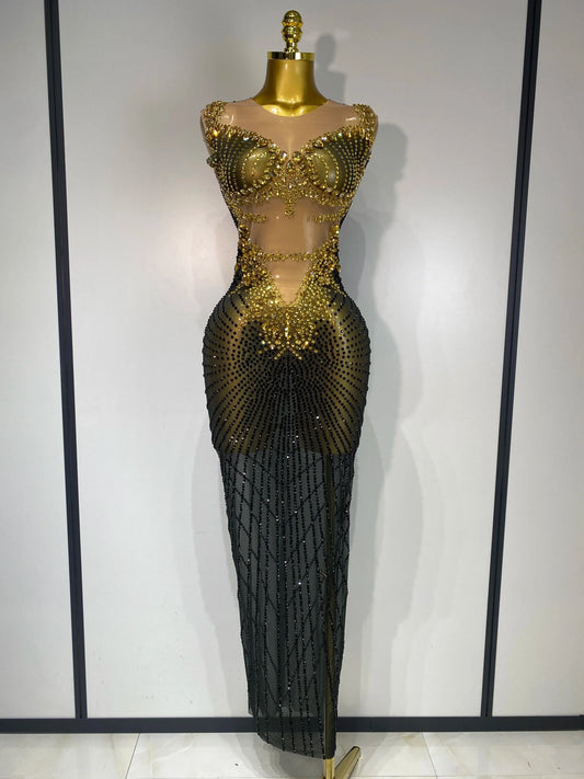 Women Sexy Sparkly Rhinestones Sleeveless Long Dress Club Birthday Celebrate Evening Photo Shoot Stage Performance Costume