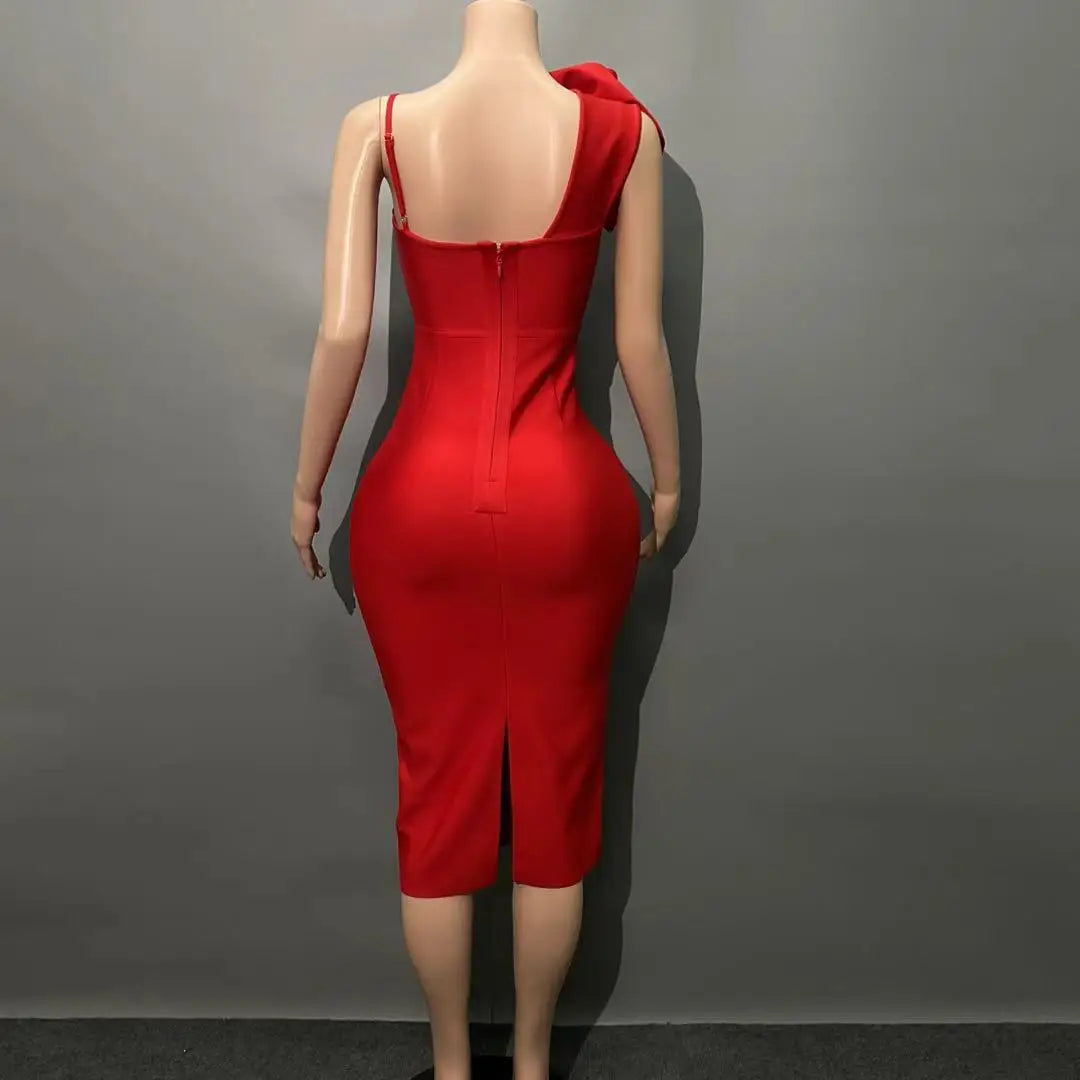 Women Sexy One Shoulder Florlas Bodycon Midi Bandage Dress Celebrate Fashion Evening Party Outfit Vestido