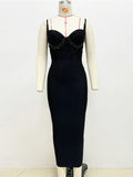 Sexy Women Three-Dimensional Rhinestone Design Bandage Dress Spaghetti Strap Sleeveless Bodycon Backless Midi Dress Vestido black