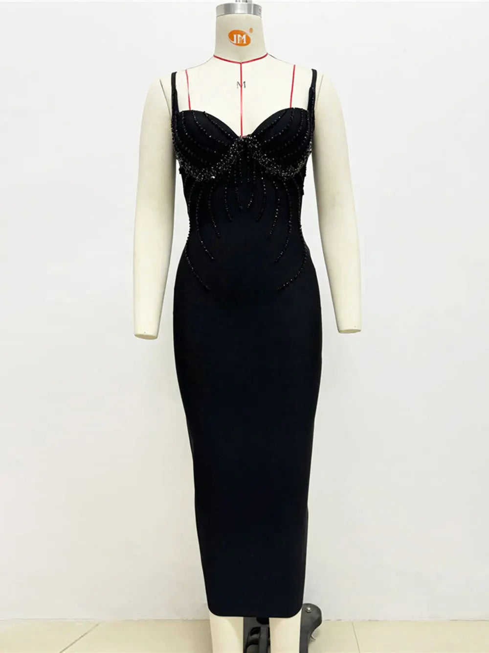 Sexy Women Three-Dimensional Rhinestone Design Bandage Dress Spaghetti Strap Sleeveless Bodycon Backless Midi Dress Vestido black