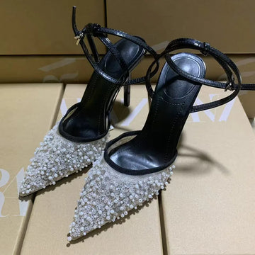 Women’s Black Pearls Sequined Air Mesh Pointed Toe Slingback Pumps High Thin Heels Summer Party Shoes Black