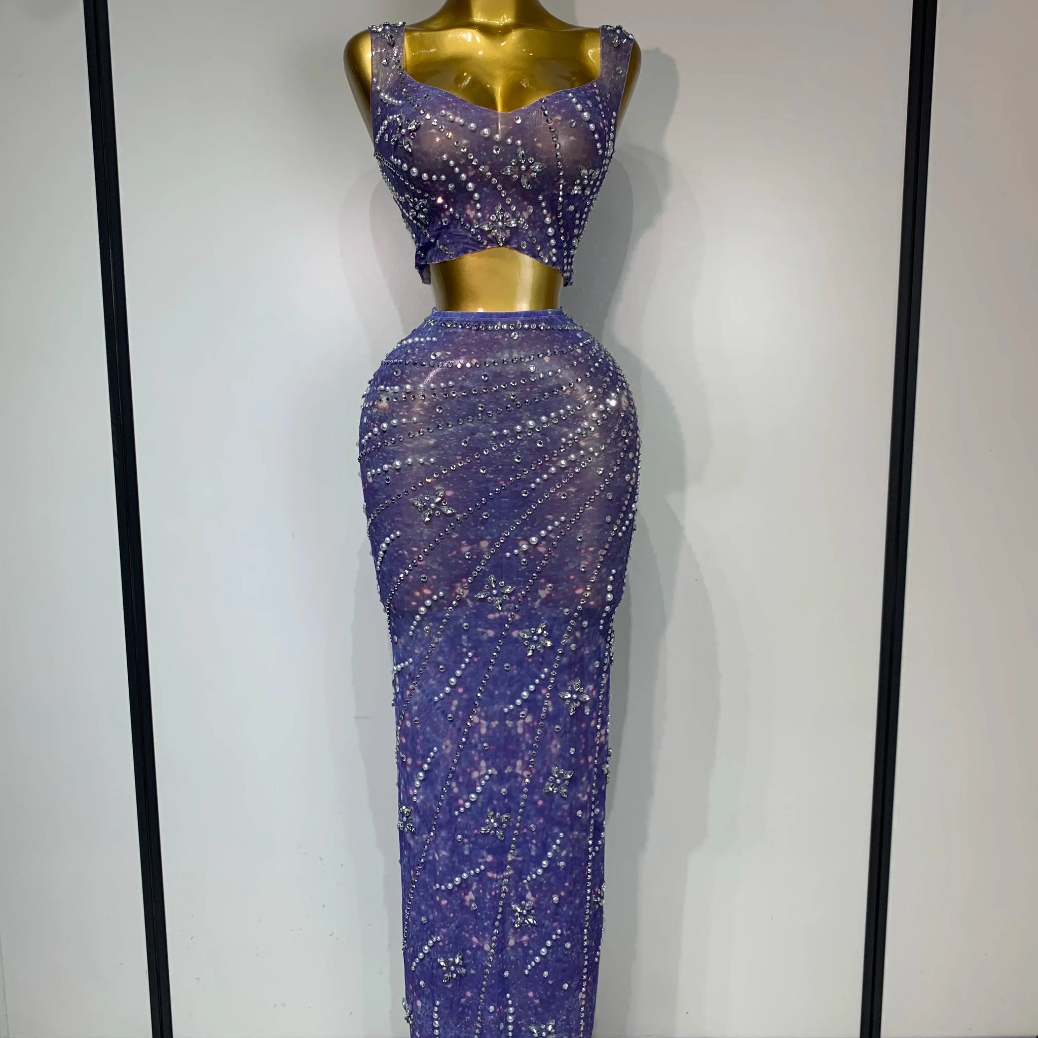 Sparkly Rhinestones Top Long Skirt Two Pieces Set Women Celebirty Luxury Birthday Dress Nightclub Stage Performance Costume ROYAL BLUE