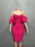 Rosered Color Women Sexy Strapless Ruffles Bodycon Mini Bandage Dress Celebrate Nightclub Party Birthday Vacation Outfit