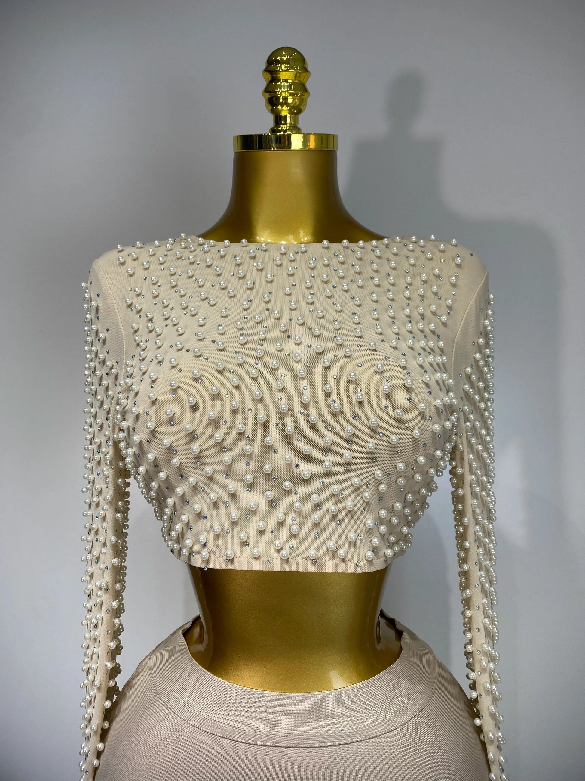 Women Sexy Long Sleeve Mesh Pearl Top Celebrity Midi Women Bandage Set Designer Evening Party Luxury Birthday Two Piece Set