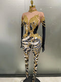 Sparkly Gold Rhinestones Jumpsuit With Gloves Women Sexy Printed Party Nightclub Bar Singer Stage Performance Costume