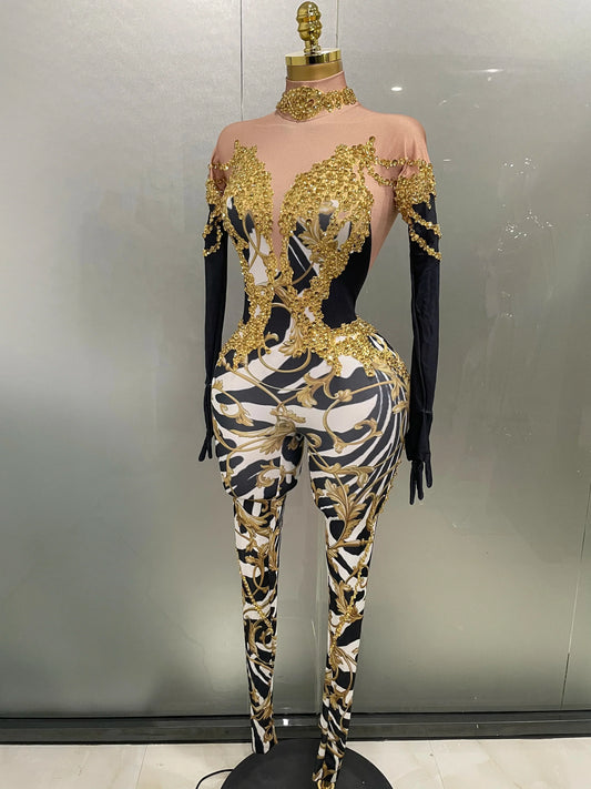 Sparkly Gold Rhinestones Jumpsuit With Gloves Women Sexy Printed Party Nightclub Bar Singer Stage Performance Costume