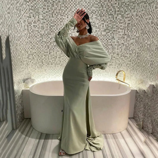 Bodycon Trumpet Evening Dresses Silk Satin Off The Shoulder Long Sleeves Saudi Arabia Prom Gown Women For Wedding Party