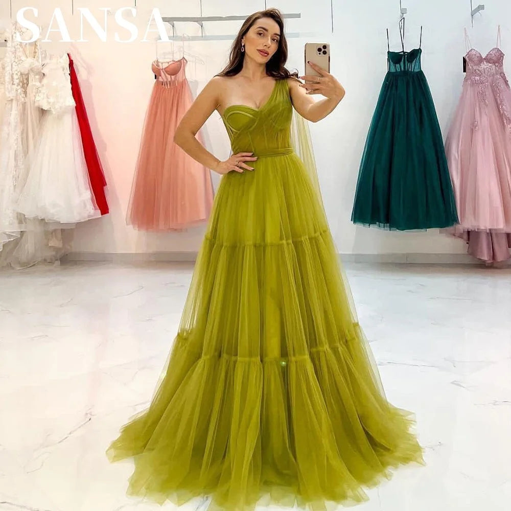 Sexy One Shoulder فساتين السهرة Mustard Green A-line Prom Dress Elegant Multilayer Sleeveless Vestidos De Noche