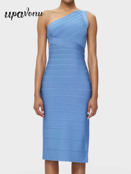 Elegant Women's Single Shoulder Sleeveless Bandage Dress with Diagonal Collar Bodycon Bareback Split and Knee Dress Vestido