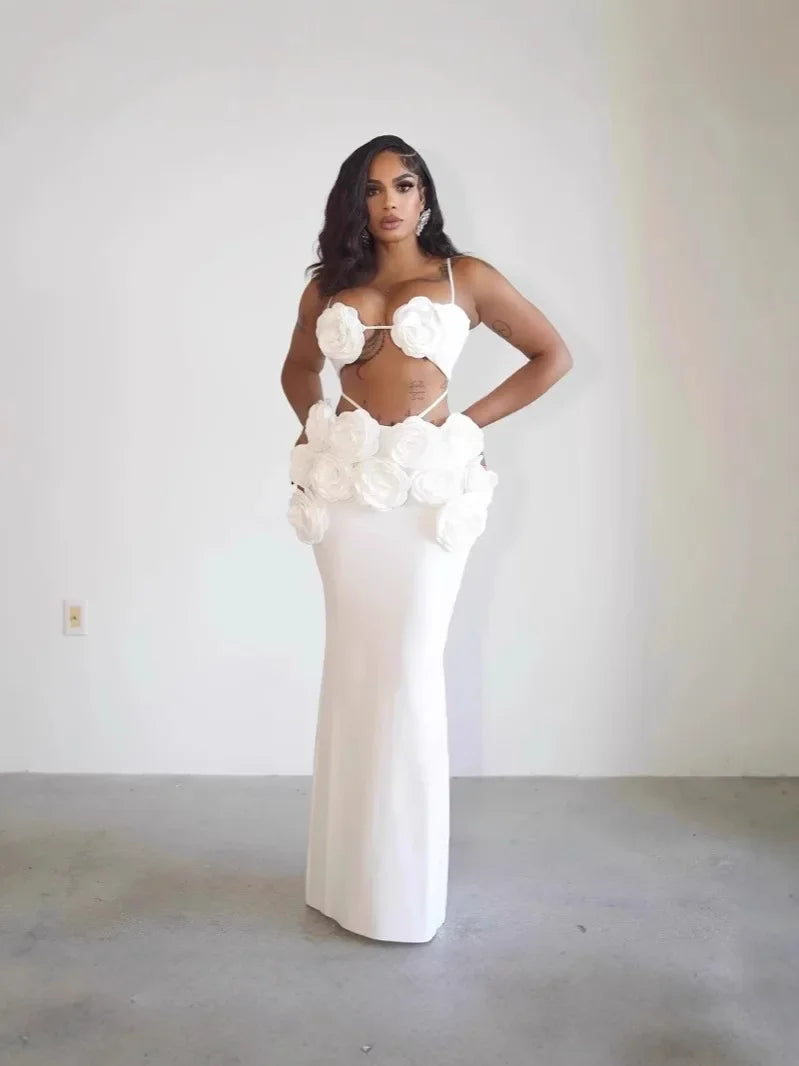 Brown Black White Women Sexy Halter Florals Strap Bodycon 2 Pieces Bandage Dress Celebrate Nightclub Party Photo Shoot Wear WHITE