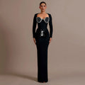 High Quality Women Long Sleeve Sqaure Collar Shinning Diamond Bodycon Long Bandage Dress Celebrate Elegant Evening Party Wear black
