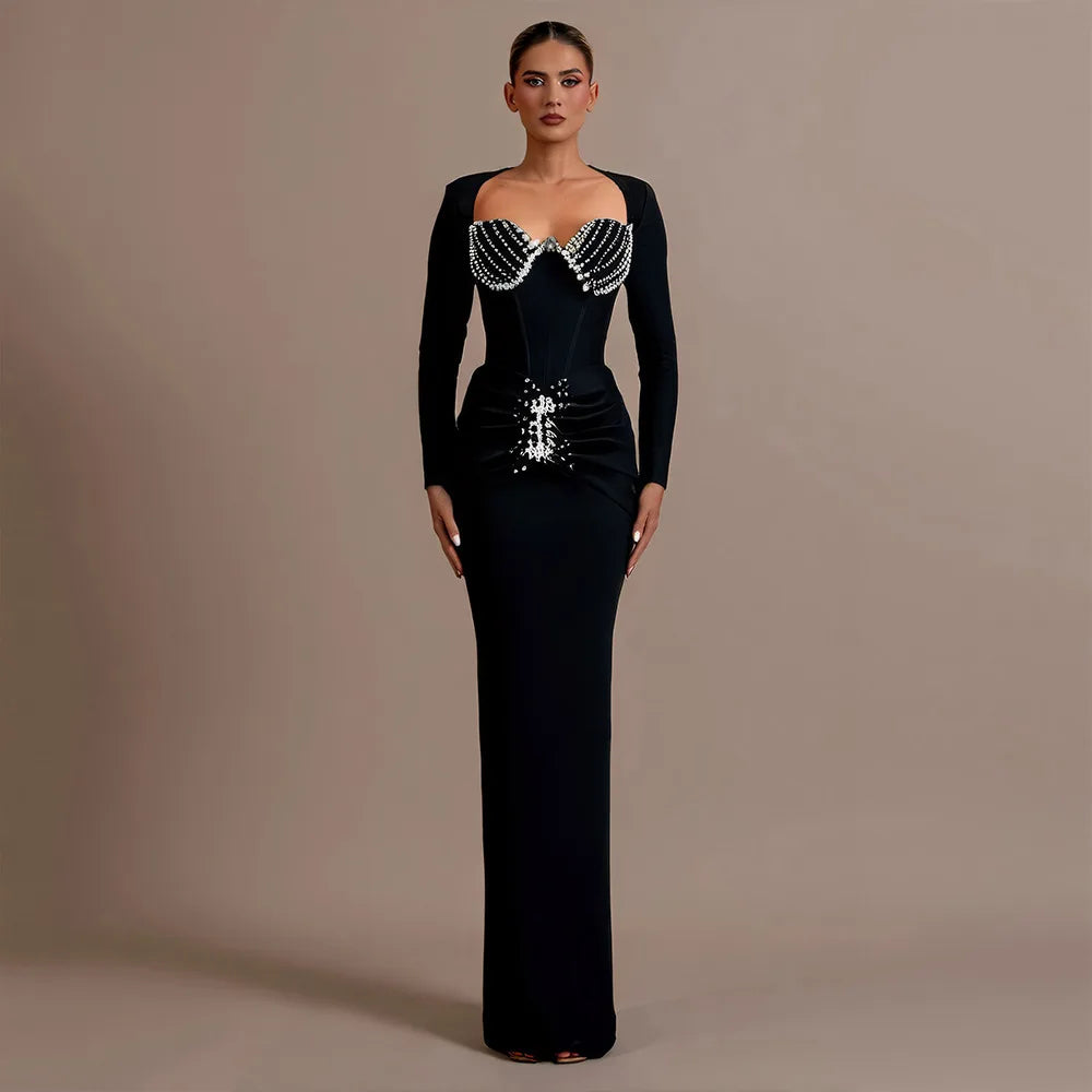 High Quality Women Long Sleeve Sqaure Collar Shinning Diamond Bodycon Long Bandage Dress Celebrate Elegant Evening Party Wear black