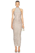 Women Celebrity Sexy Sleeveless Diamonds Backless Ruched Beige Maxi Long Gowns Dress Elegant Evening Party Club Vestido