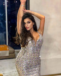 High Qulity Sexy V-Neck Shining Sequins Beading Spaghetti Strap Mini Dress Graceful Woman Evening Dress Birthday Party Outfit