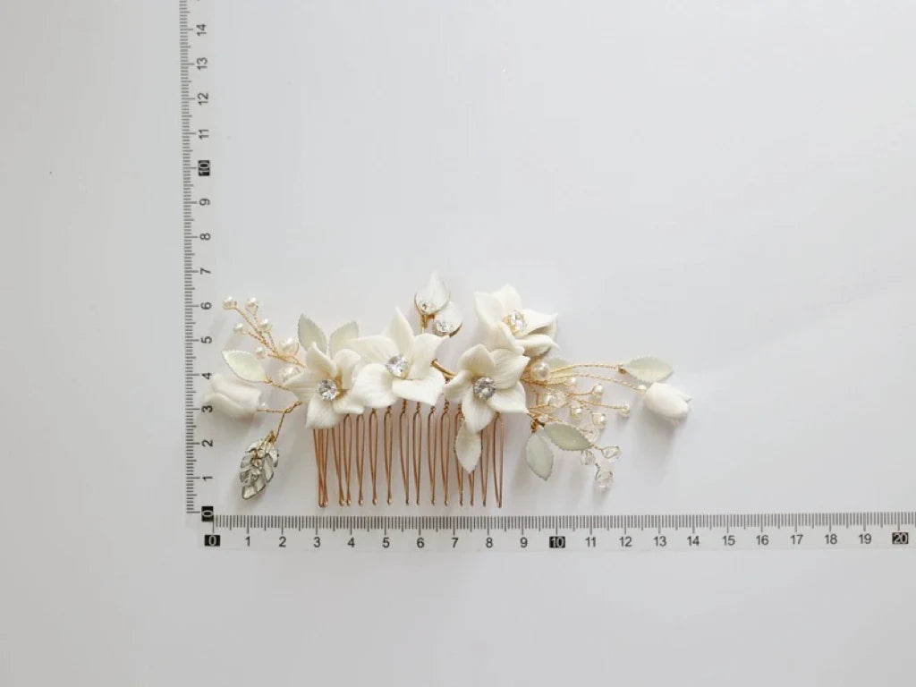 Bridal Jewelry Porcelain Flower Hair Clip Comb Crystal Hairpin Women Bride Bridesmaids Gold Color Head Piece Wedding Accessories