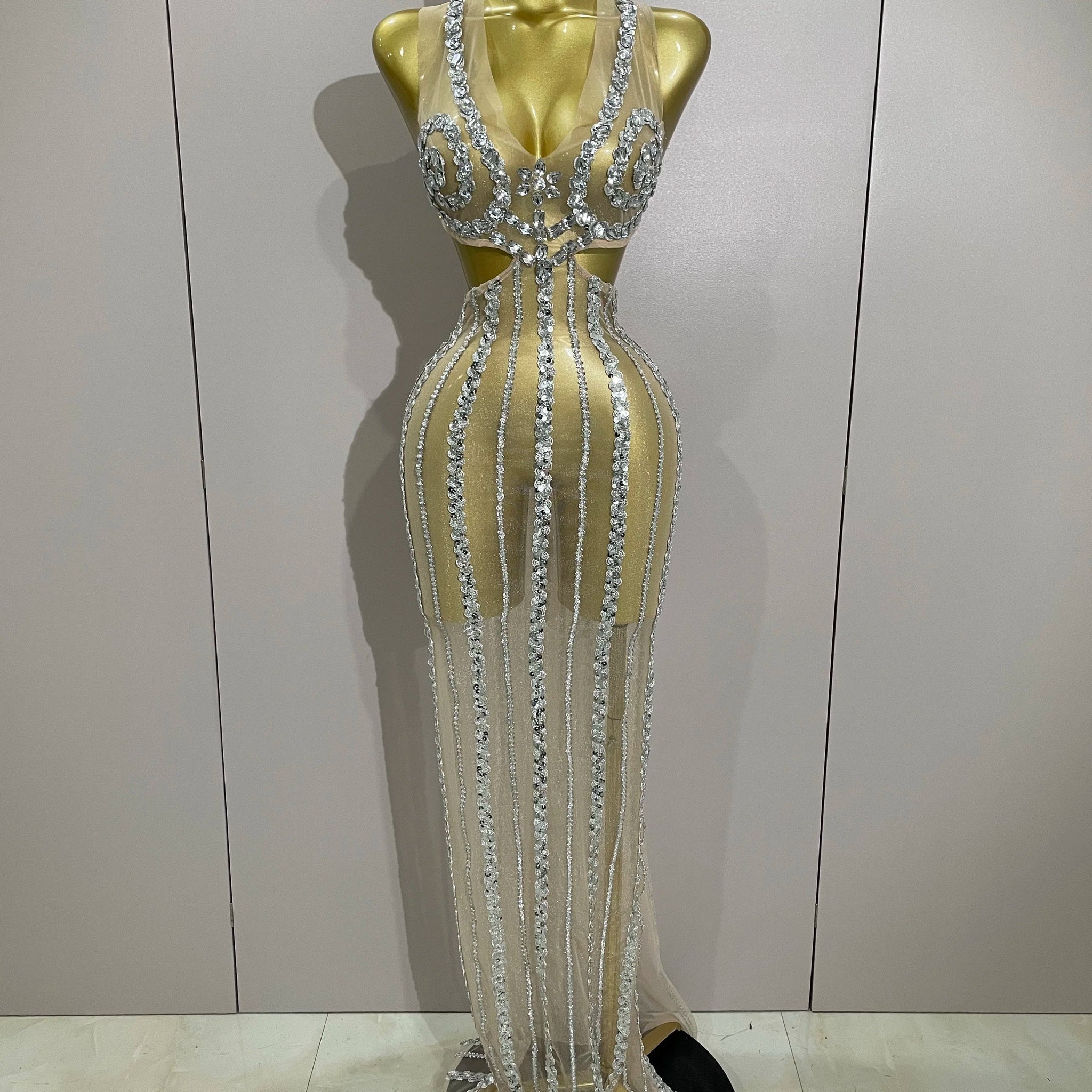 Luxury Sparkly Diamonds Sequins Sexy Mesh See Through Long Dress Women Celebrate Birthday party Dresses Festival Costume Silver