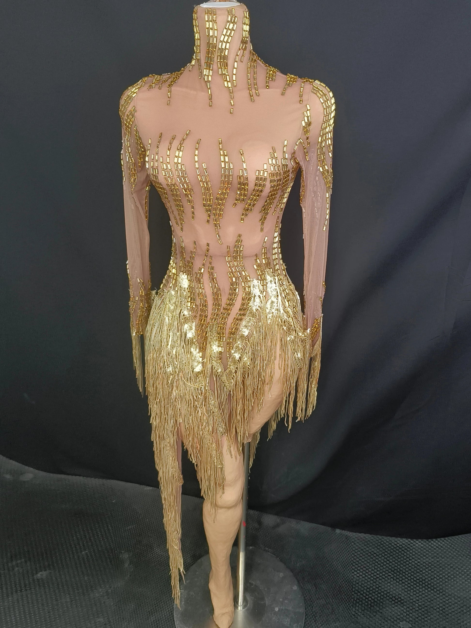 See Through Dress Rhinestone Sequins Tassel Sexy Mesh Women Evening Birthday Party Nightclub Dance Singer Stage Perform Outfit