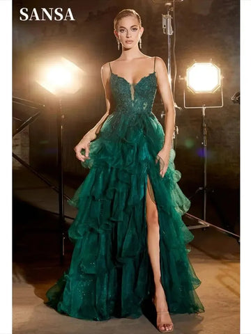 Dark Green Organza Lace Embroidery Prom Dress, Trumpet Silhouette, Spaghetti Strap Evening Gown As Picture
