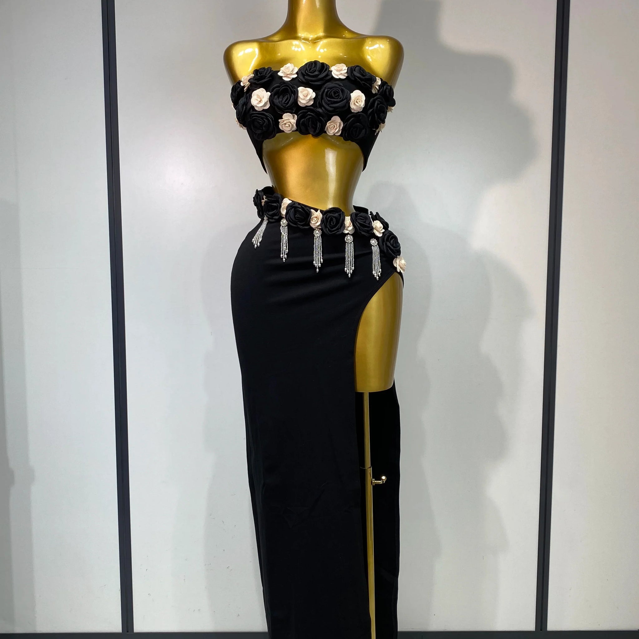 High Quality Women Sexy Flower Strapless Top High Slit Long Skirt Elegant Evening Party Two Piece Set Luxury Birthday Club Gown black
