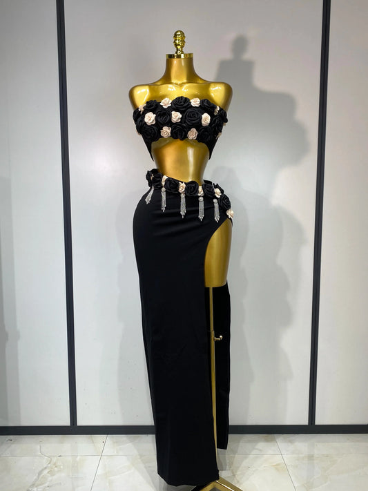High Quality Women Sexy Flower Strapless Top High Slit Long Skirt Elegant Evening Party Two Piece Set Luxury Birthday Club Gown black