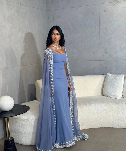 Mist Blue Beaded Edge Prom Dresses Long Shawl Wedding Dress Elegant Sleeveless Floor-Length Satin Vestidos De Fiesta As Picture