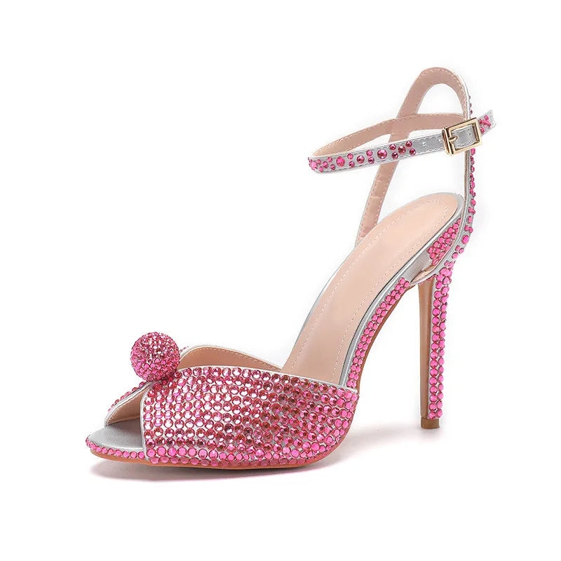 Runway style Rhinestone Sequined Peep toe Women Gladiator Sandals Summer Elegant High heels Crystal Wedding Banquet Bridal Shoes Rose