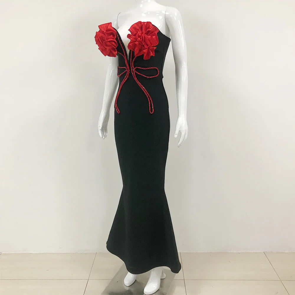 2024 New Fashion Red Florals Women Sexy Strapless Off the Shoulder Bodycon Bandage Long Dress Nightclub Party Celebrate Dress