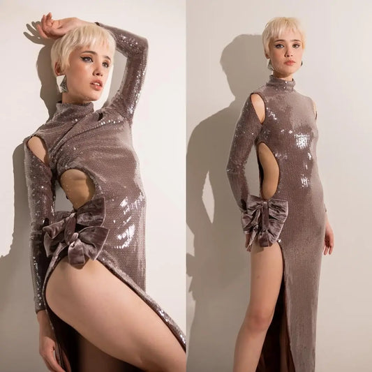 Brown Shinning Sequins Womne Long Sleeve Sexy Florals Bodycon Long Dress High Split Nightclub Party Celebrate Birthday Dress Brown