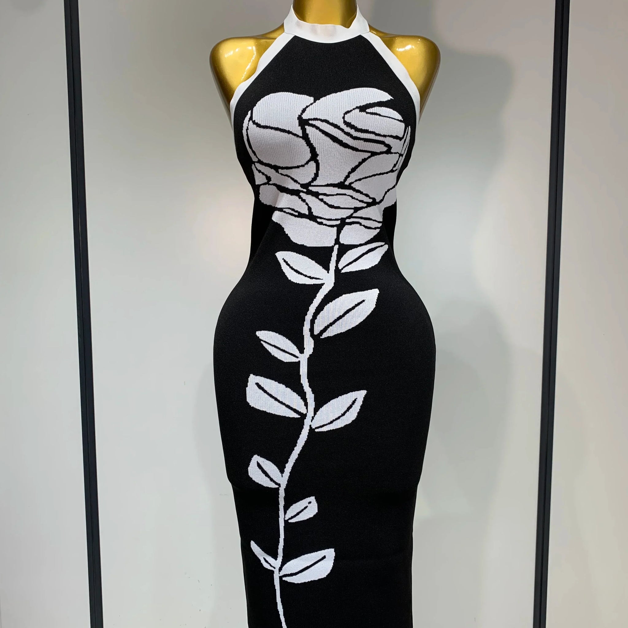 Women Fashion Celebrity Sexy Backless Rose Flower Midi Black Jacquard Bandage Dress Elegant Evening Club Party Dresses black