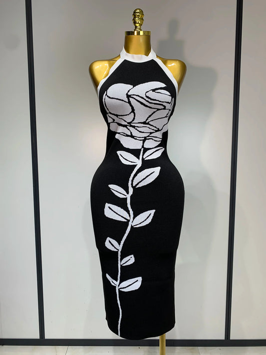Women Fashion Celebrity Sexy Backless Rose Flower Midi Black Jacquard Bandage Dress Elegant Evening Club Party Dresses black