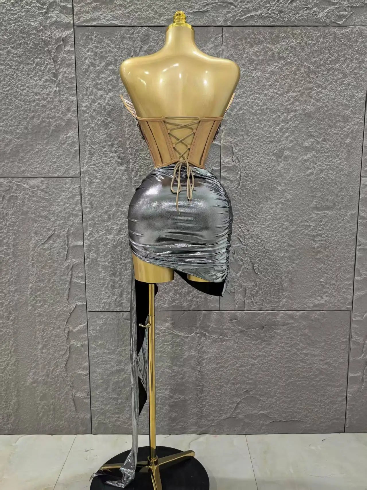 Golden Silver Women Sexy Strapless Shinning Crystal 2 Pieces Bodycon Mini Dress Birthday Party Photo Shoot Celebrate Stage Wear