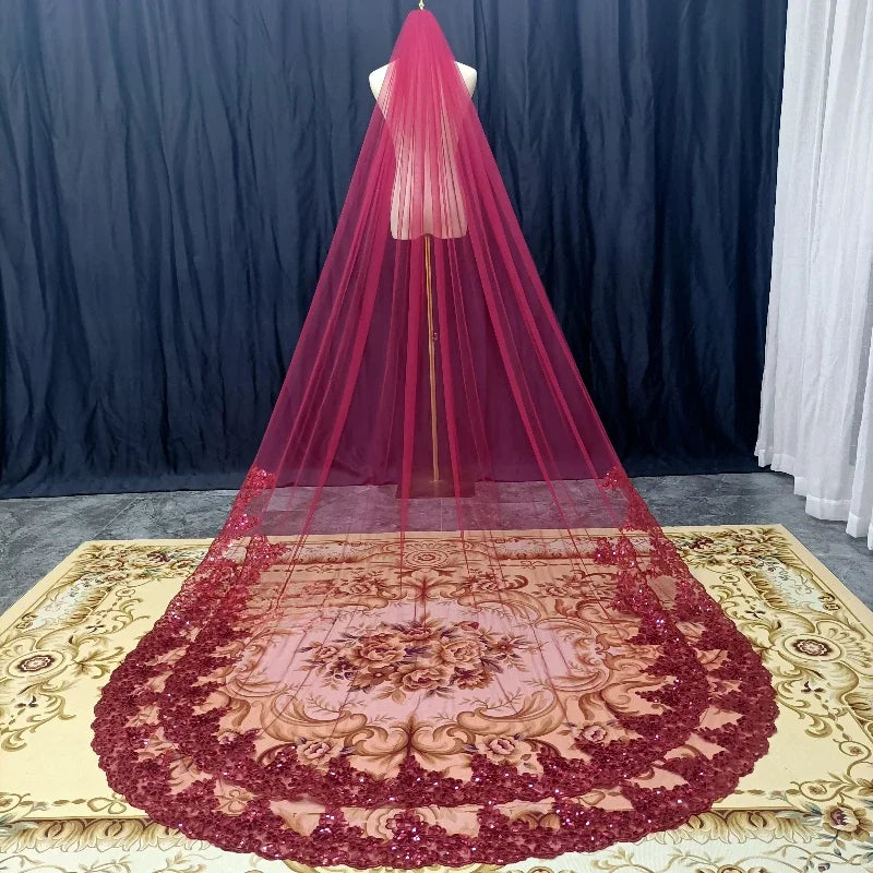 One Tier Wine Red Bride Veil Lace with Sequins Cathedral Veil Wedding Accessories Metal Comb Wine Red