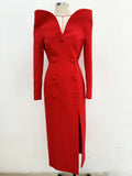 Celebrity Red Carpet Dress Women Long Sleeve Sexy Off the Shoulder Bodycon Mid-calf Dress Elegant Evening Party Outfit Vestido Red