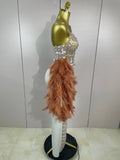 Luxury Sparkling Diamond Feather Mesh Tight Sexy Mesh Long Dress Women Birthday Party Nightclub Stage Performance Costume