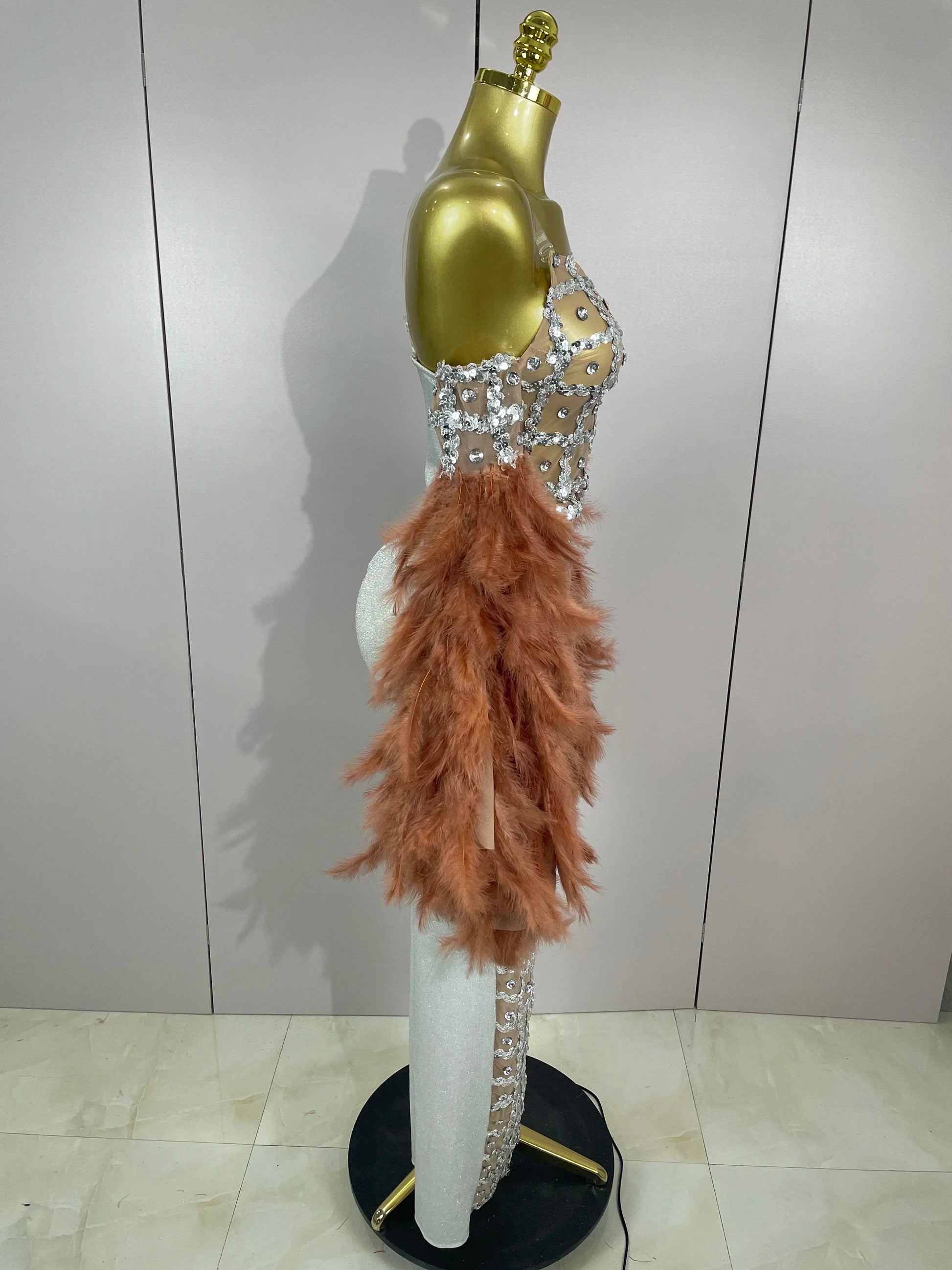 Luxury Sparkling Diamond Feather Mesh Tight Sexy Mesh Long Dress Women Birthday Party Nightclub Stage Performance Costume