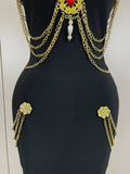 Black Chain Spaghetti Strap V-Neck Split Bandage Dress Bodycon Celebrity Club Party Long Dress Vestidos