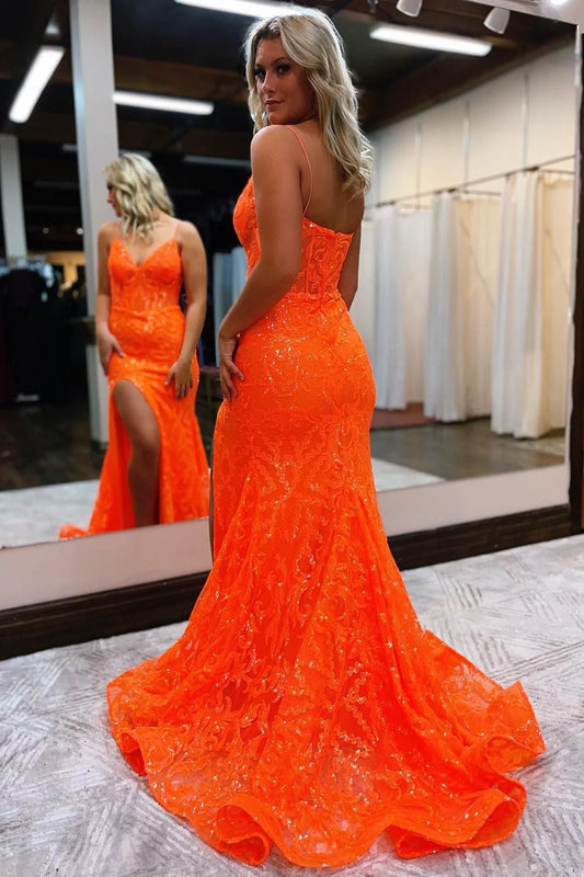 فساتين مناسبة رسمية Sexy Spaghetti Strap Prom Dress Glitter Embroid Party Dress Orange Mermaid Vestidos De Noche