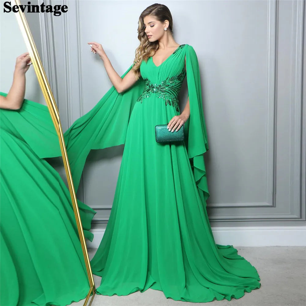 Elegant Green A-Line Prom Dress V-Neck Long Cape Sleeve Sequineds Ruched Floor Length Evening Dress robes de soirée