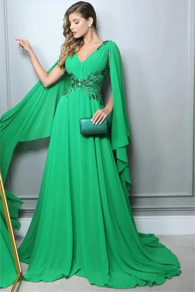 Elegant Green A-Line Prom Dress V-Neck Long Cape Sleeve Sequineds Ruched Floor Length Evening Dress robes de soirée