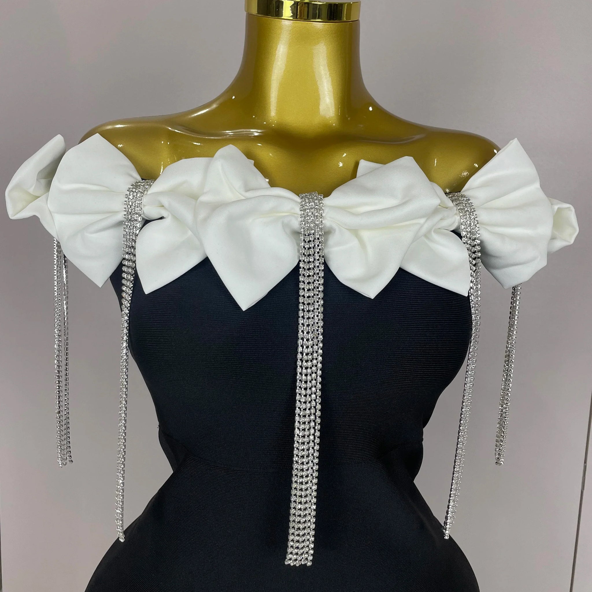 Women Celebrity Sexy Off Shoulder Flower Diamonds Black Bow Tie Maxi Long XL Bandage Dress Elegant Evening Club Party Dress
