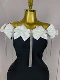 Women Celebrity Sexy Off Shoulder Flower Diamonds Black Bow Tie Maxi Long XL Bandage Dress Elegant Evening Club Party Dress