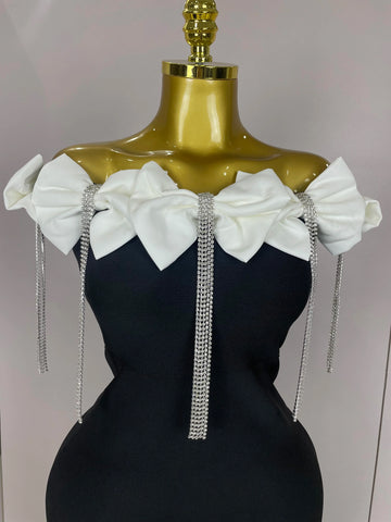 Women Celebrity Sexy Off Shoulder Flower Diamonds Black Bow Tie Maxi Long XL Bandage Dress Elegant Evening Club Party Dress