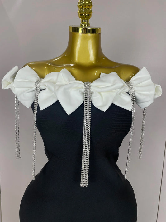 Women Celebrity Sexy Off Shoulder Flower Diamonds Black Bow Tie Maxi Long XL Bandage Dress Elegant Evening Club Party Dress