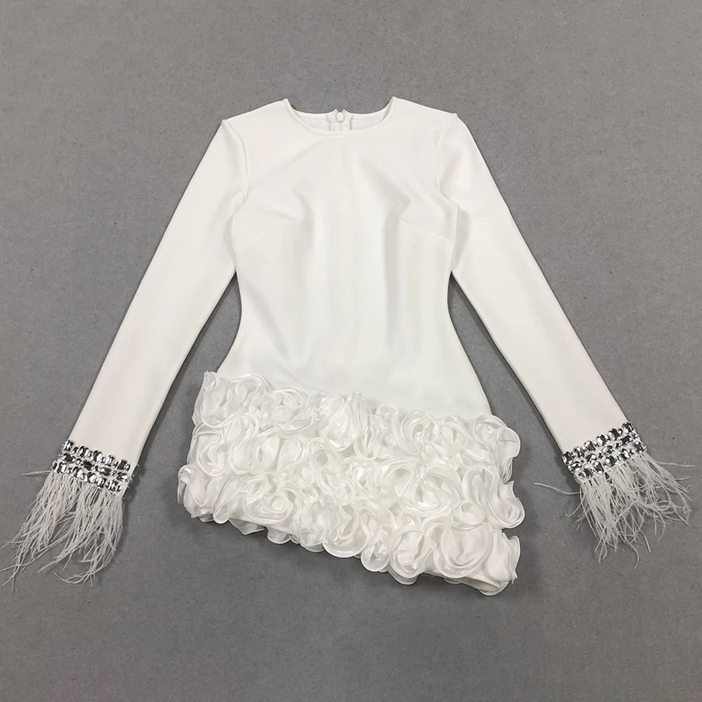 2024 Elegant Women's Patchwork Draped Bandage Dress O-neck Long Sleeve Beaded Feather Design Bodycon Asymmetric Mini Dresses WHITE