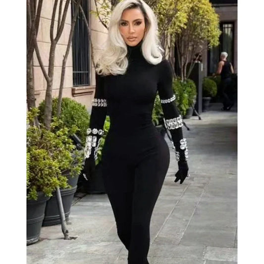 Arrival Shining Diamonds Sleeve Black Bodycom Bandage Jumpsuit Fashion Woman Party Outfit Nightclub Performance Costume