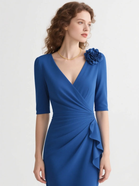 Elegant Sheath V Neck Stretch Mother of the Bride Dress Classic Tea Length 3/4 Sleeve Flower Wedding Guest 2025 Free Customized