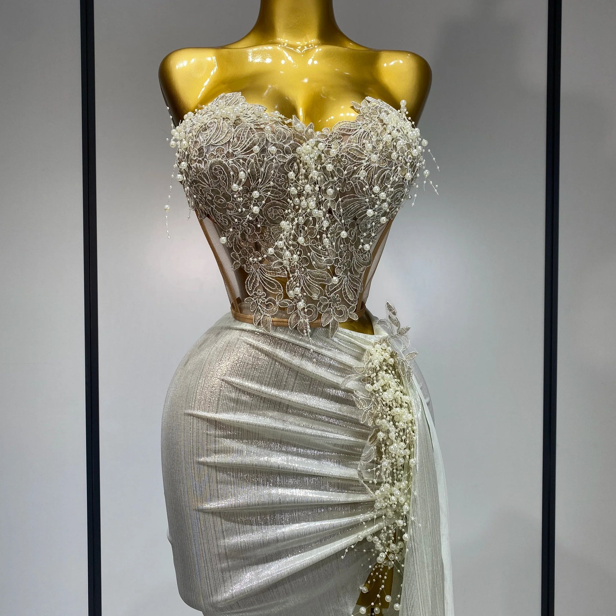 Elegant Sexy Pear Mesh See Through Two Piece Set Women Luxury Birthday Party Prom Gown Singer Nightclub Hotwife Stage Outfit Beige