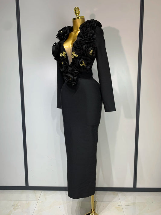 Sexy Fashion Red 3D Flower Long Sleeves Bodycon Bandage Dress Women Celebrity Elegant Evening Party Club Luxury Birthday Dresses