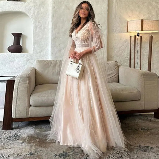 Modest Saudi Arabic Tulle Prom Dress Deep V-Line Long Cape Sleeves Floor Length Formal Evening Dress Women Party Gowns As Picture